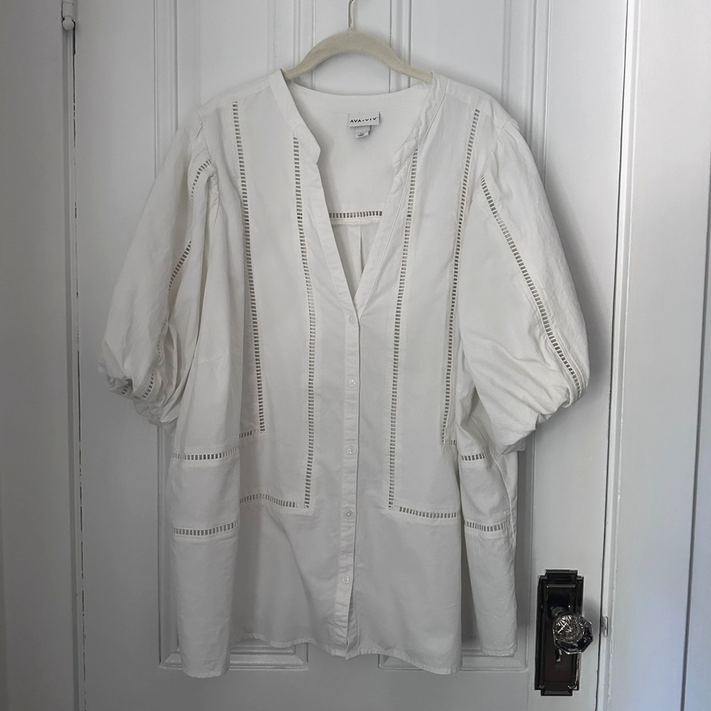 White Cotton Puff Sleeve Blouse 3X Button Front Women's Plus Size Ava & Viv